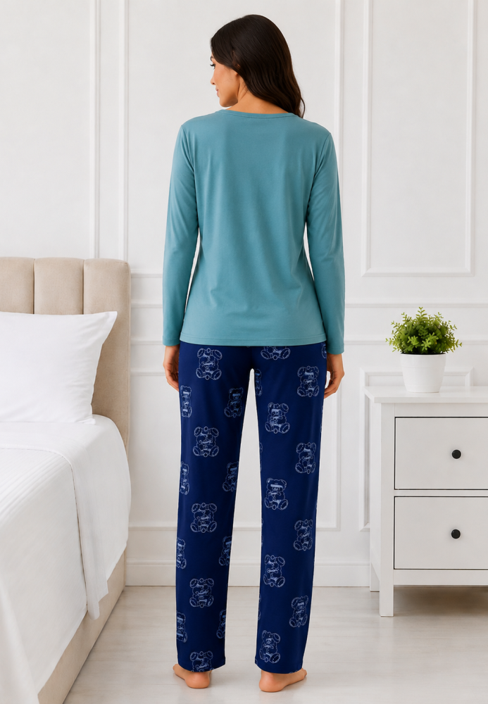 Pijama damă Serena bluză cu maneca lunga și pantaloni-Turcoaz,Engros
